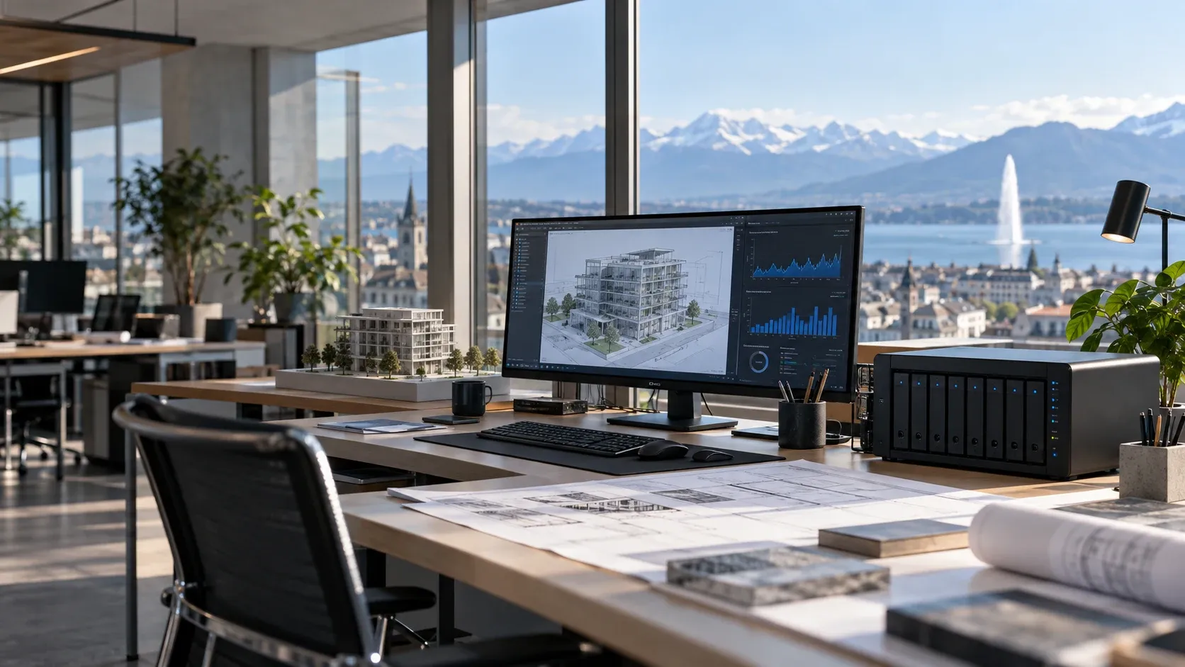 Illustration of a NAS and a BIM workstation in an architecture studio overlooking Lake Geneva.