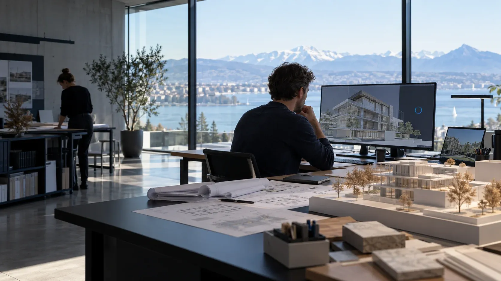 Un architecte attend devant une maquette BIM sur son écran, dans un bureau avec vue sur le lac Léman.