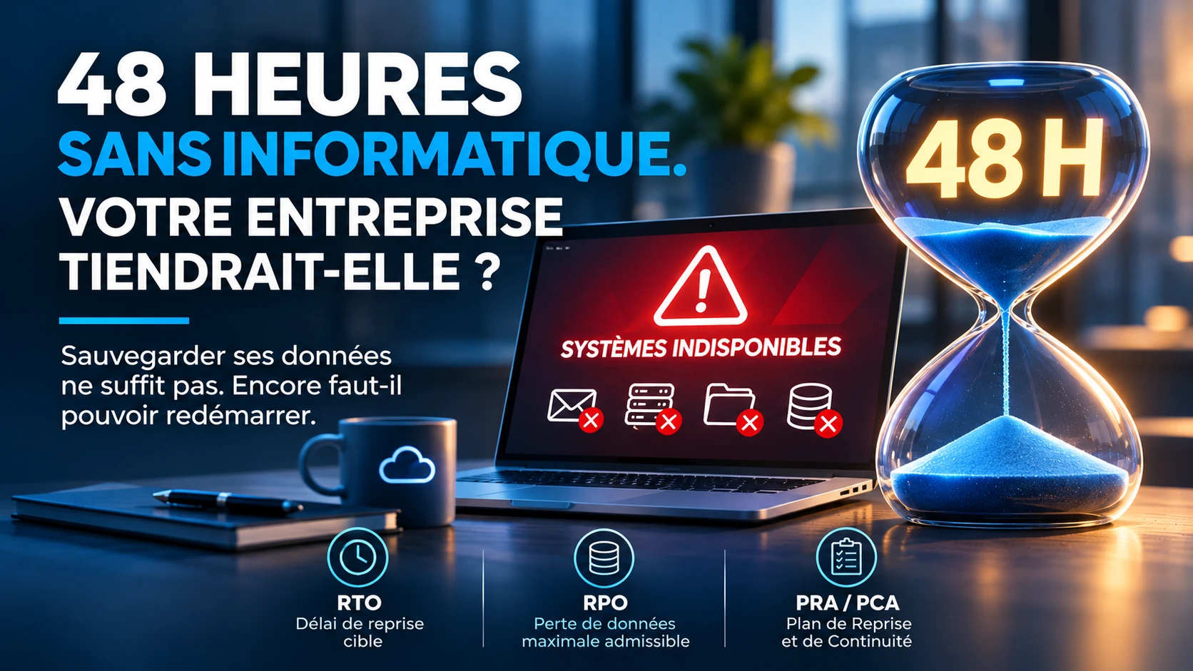 48 heures sans informatique : ordinateur indisponible et sablier illustrant les enjeux de reprise et de continuité.