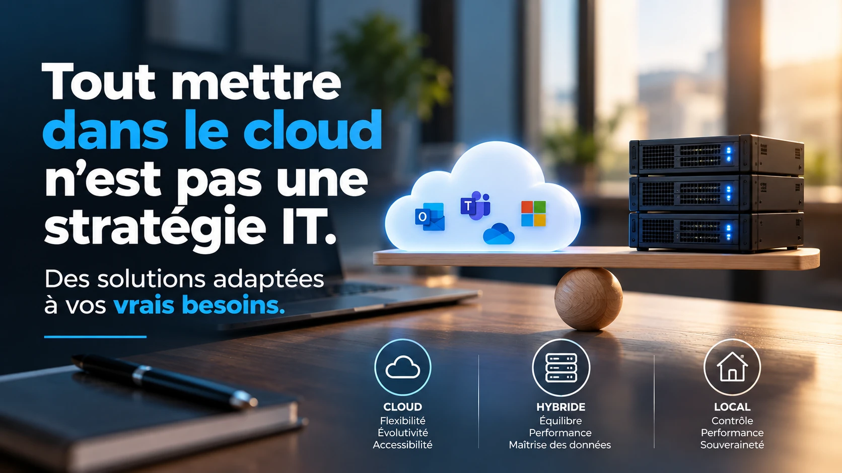 Cloud, hybride ou local : une balance entre services cloud et serveurs locaux.