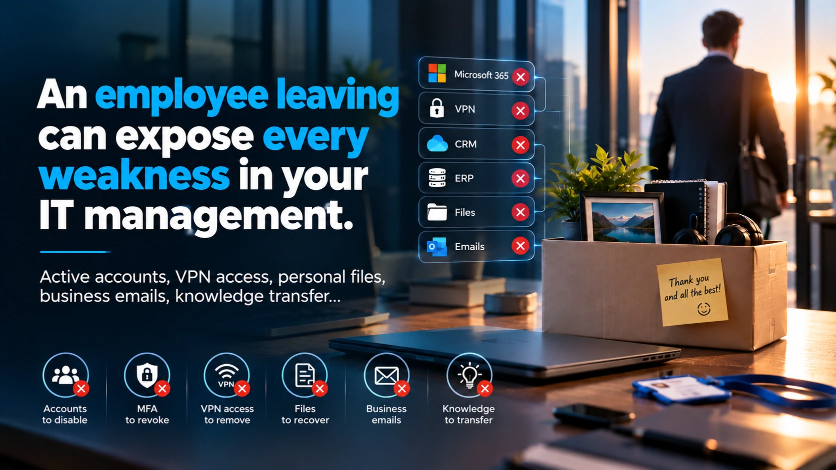 Employee departure: Microsoft 365, VPN, CRM and file access to revoke, illustrated alongside a leaving box.