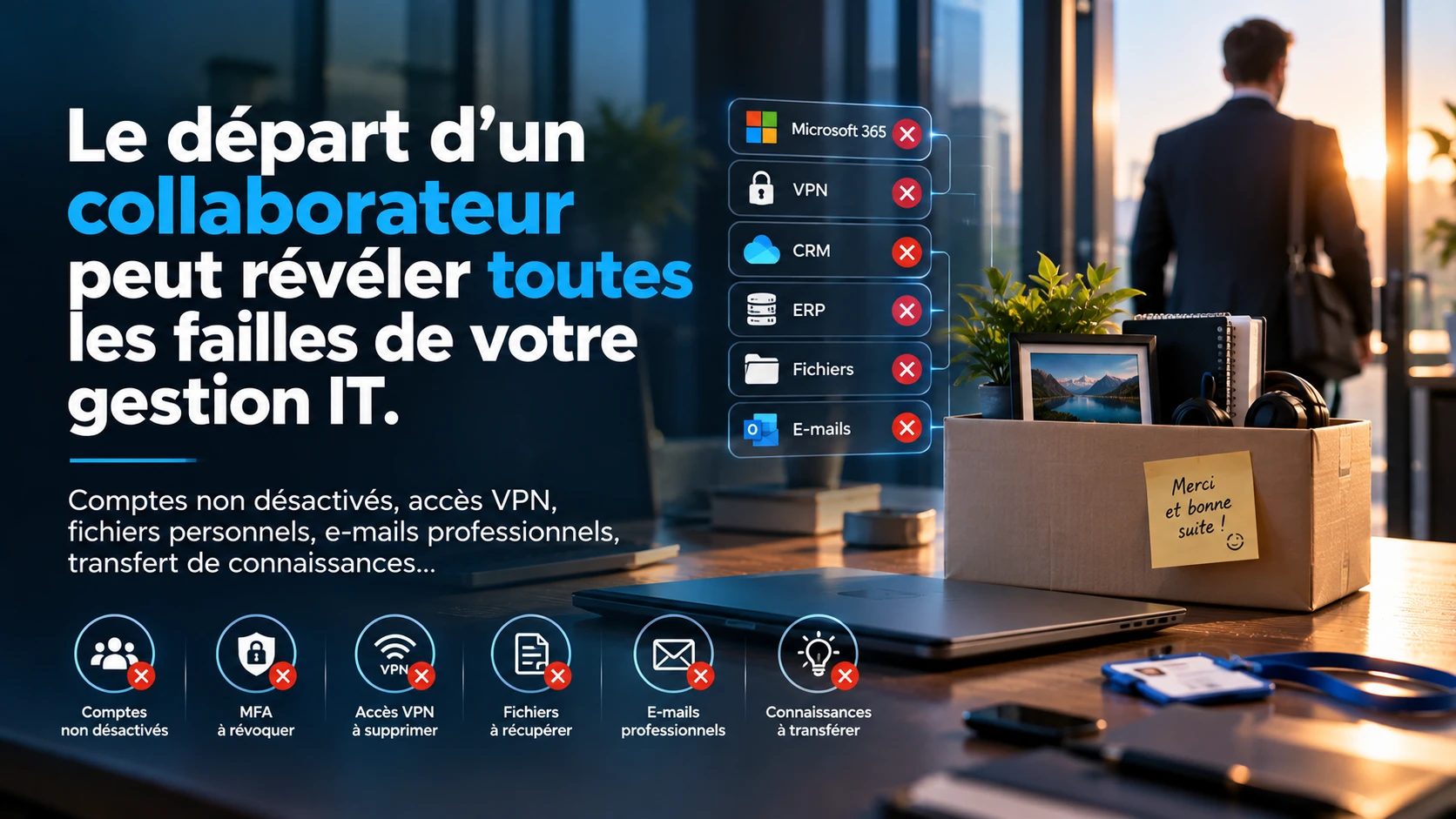 Départ d’un collaborateur : accès Microsoft 365, VPN, CRM et fichiers à révoquer, avec une boîte de départ.