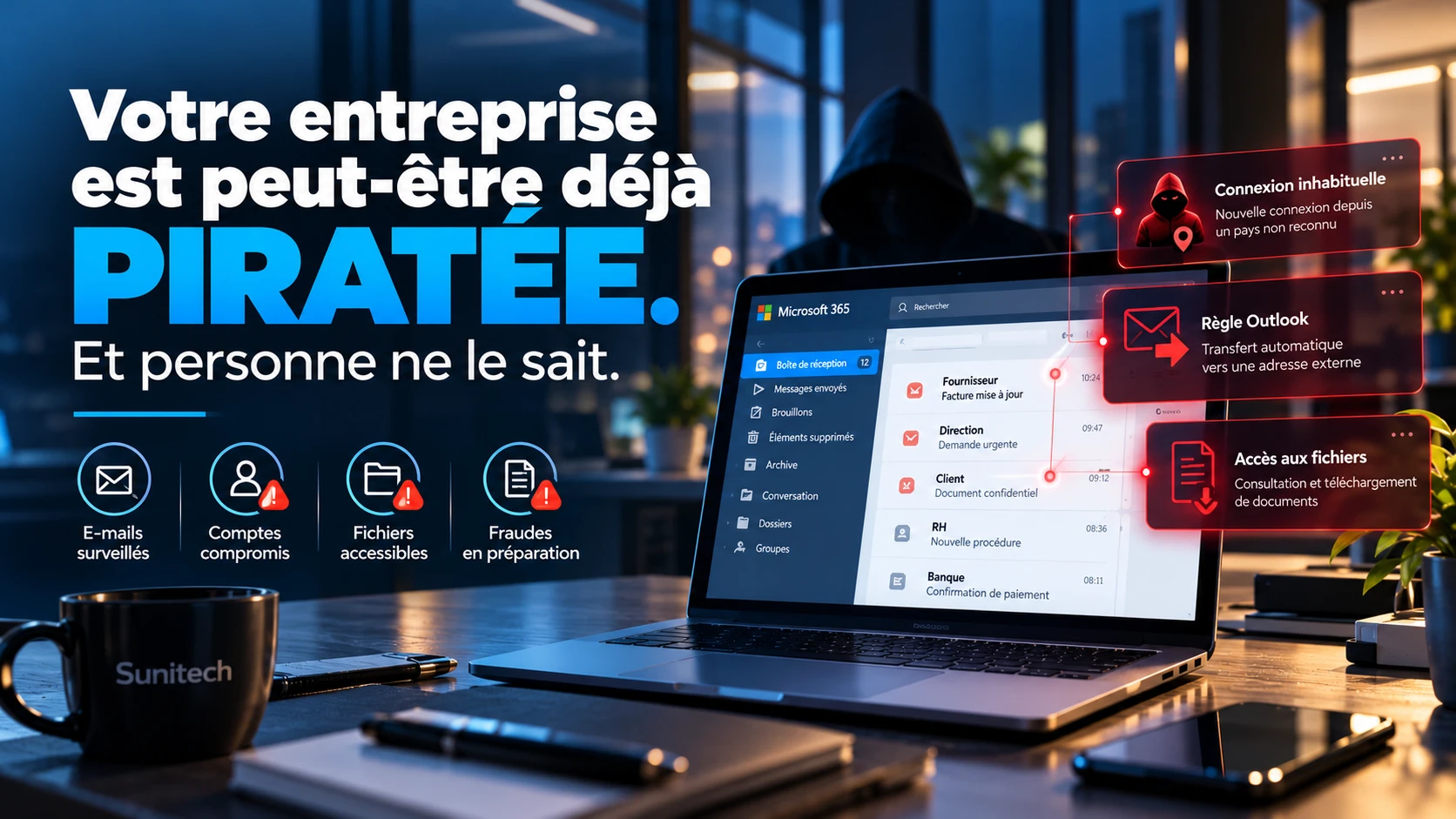 Illustration sur la détection d'un accès non autorisé à une messagerie d'entreprise Microsoft 365.
