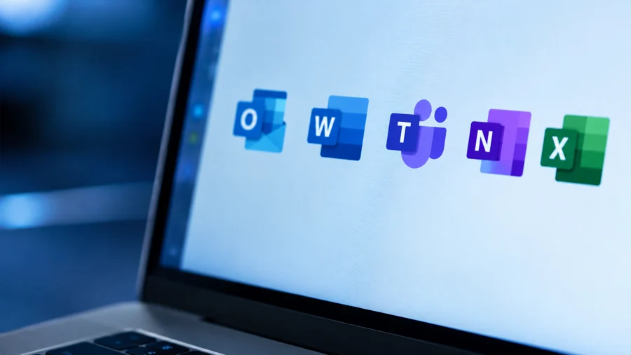 A laptop screen displaying the Outlook, Word, Teams, OneNote and Excel icons.