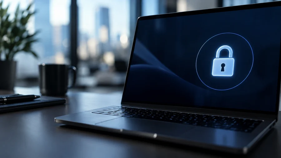 A laptop on a desk, with a padlock displayed on its screen.