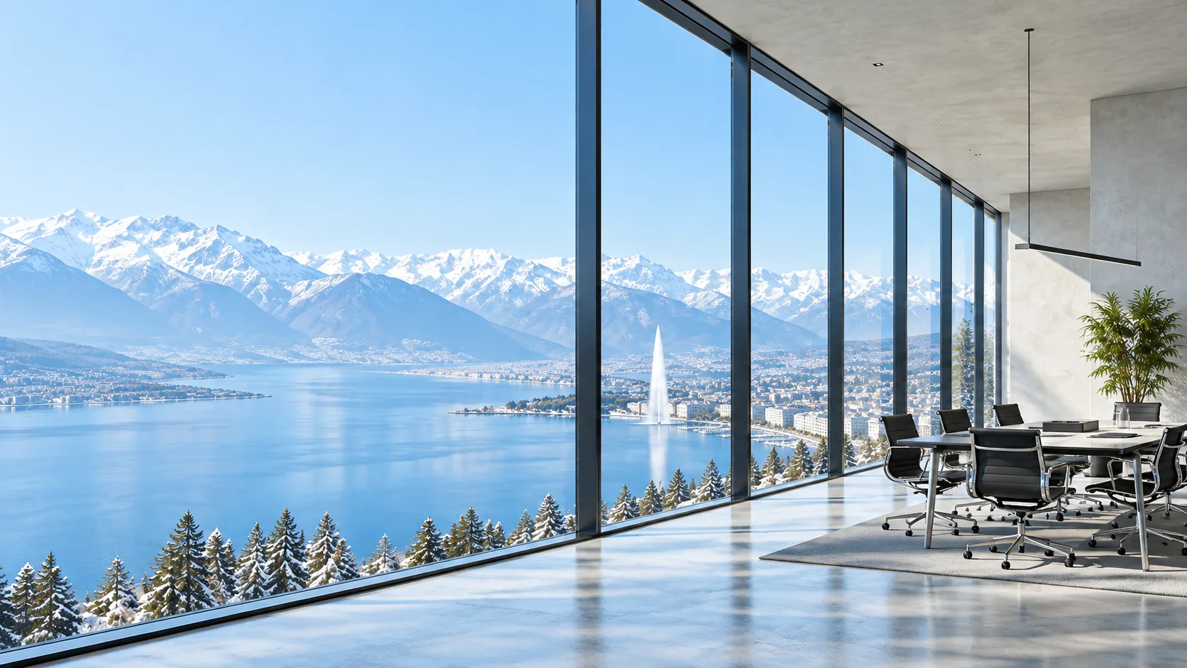 Un bureau lumineux face au lac Léman et aux Alpes.