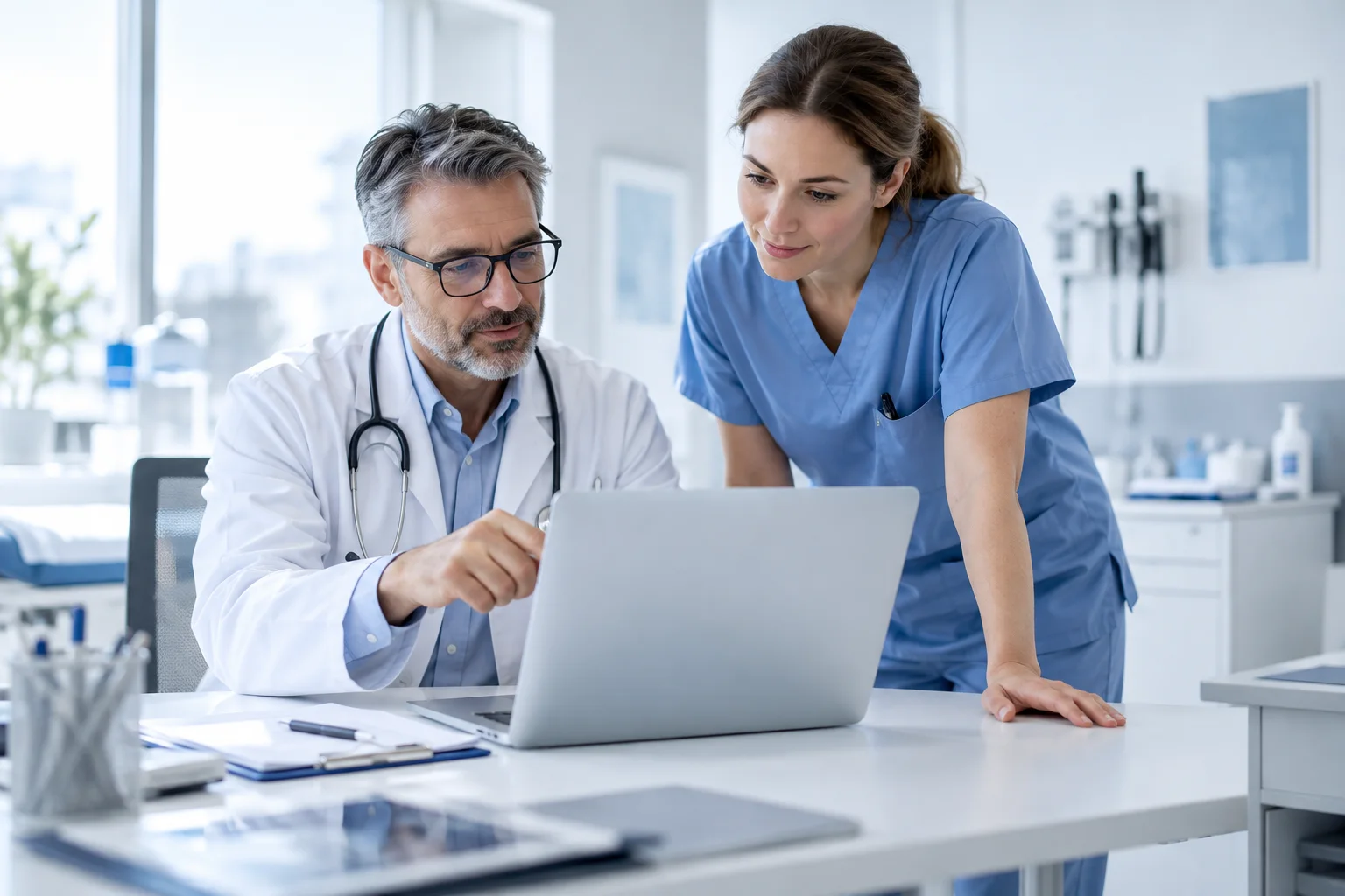 Two healthcare professionals prepare for their day on a computer.