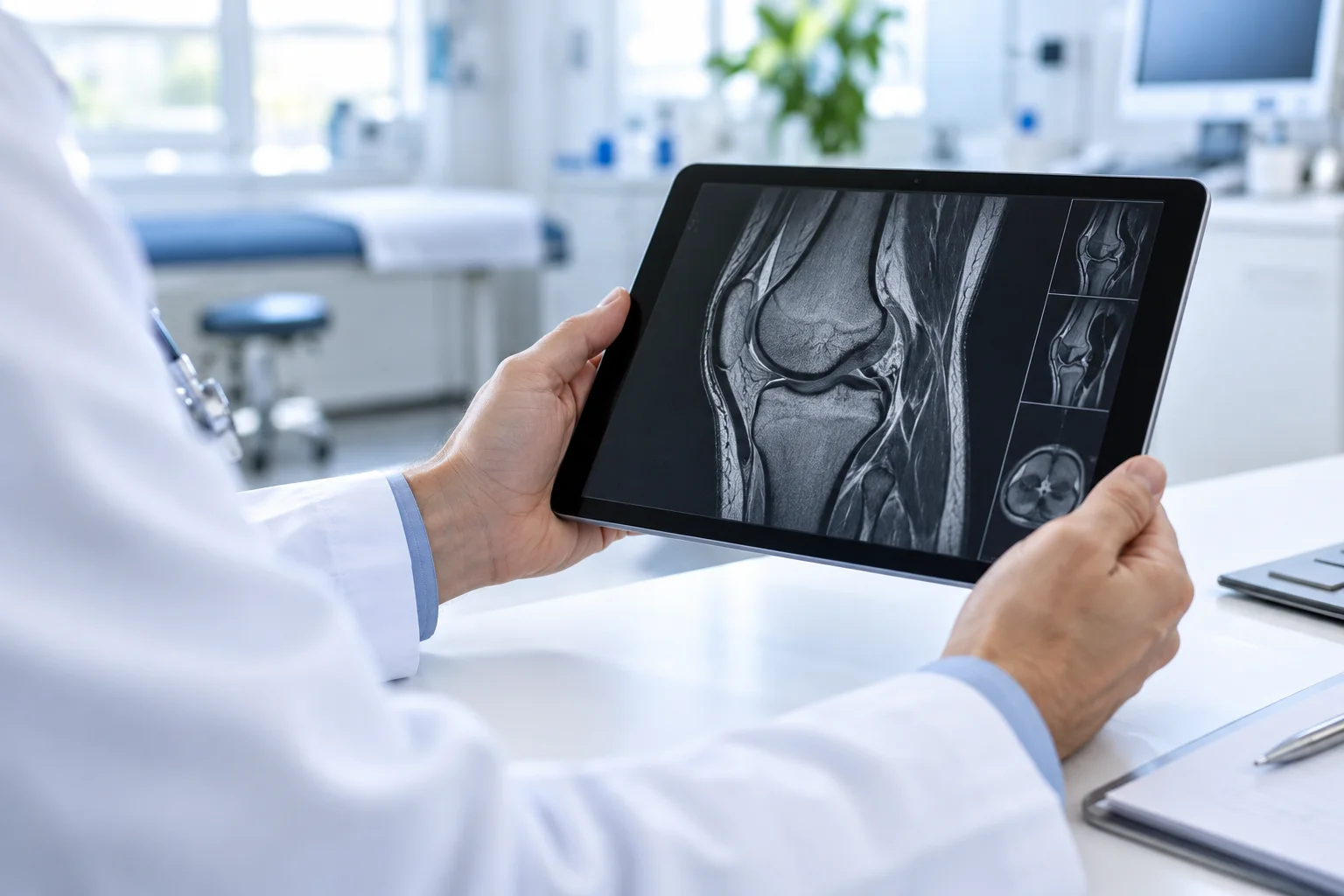 A healthcare professional reviews images on a tablet.