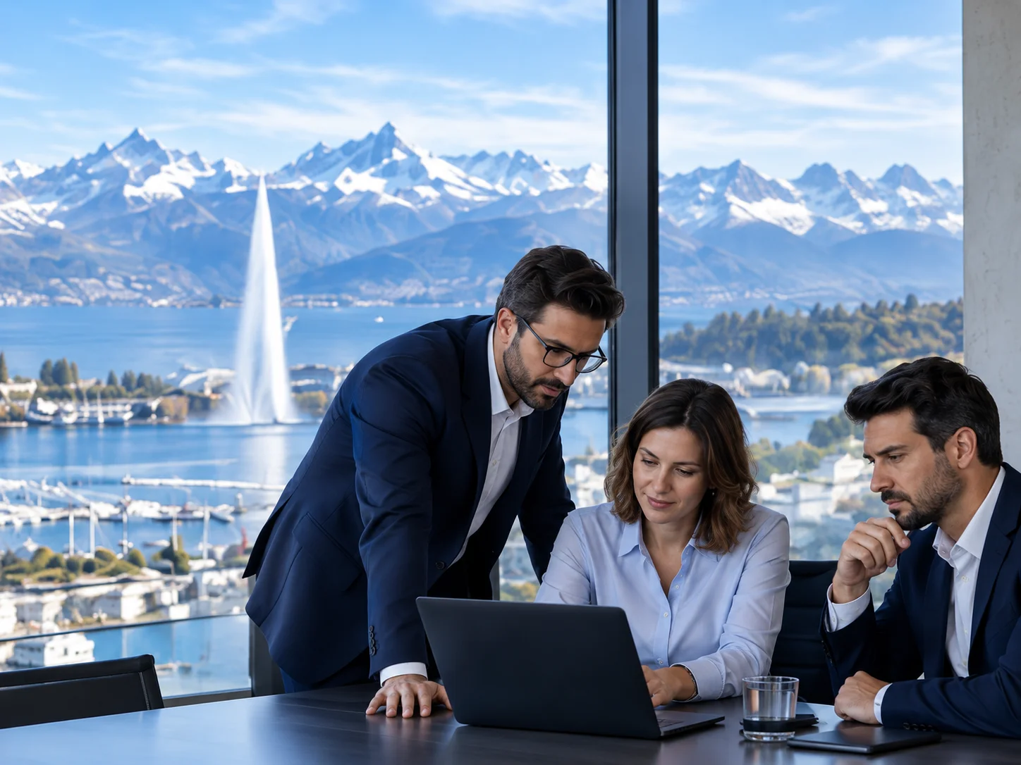 Three professionals gathered around a laptop, with the lake and the Alps in the background.