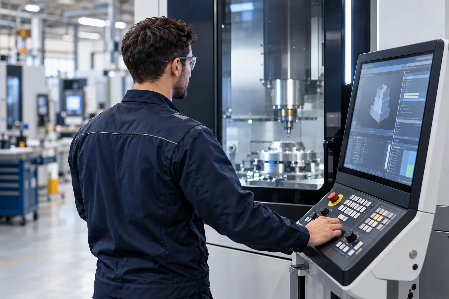 An operator uses a control workstation in a workshop.