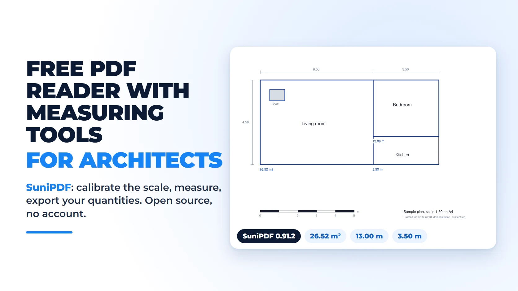 SuniPDF, a free PDF reader with measuring tools for architects: sample plan measured at 26.52 m², a 13.00 m perimeter and a 3.50 m length.