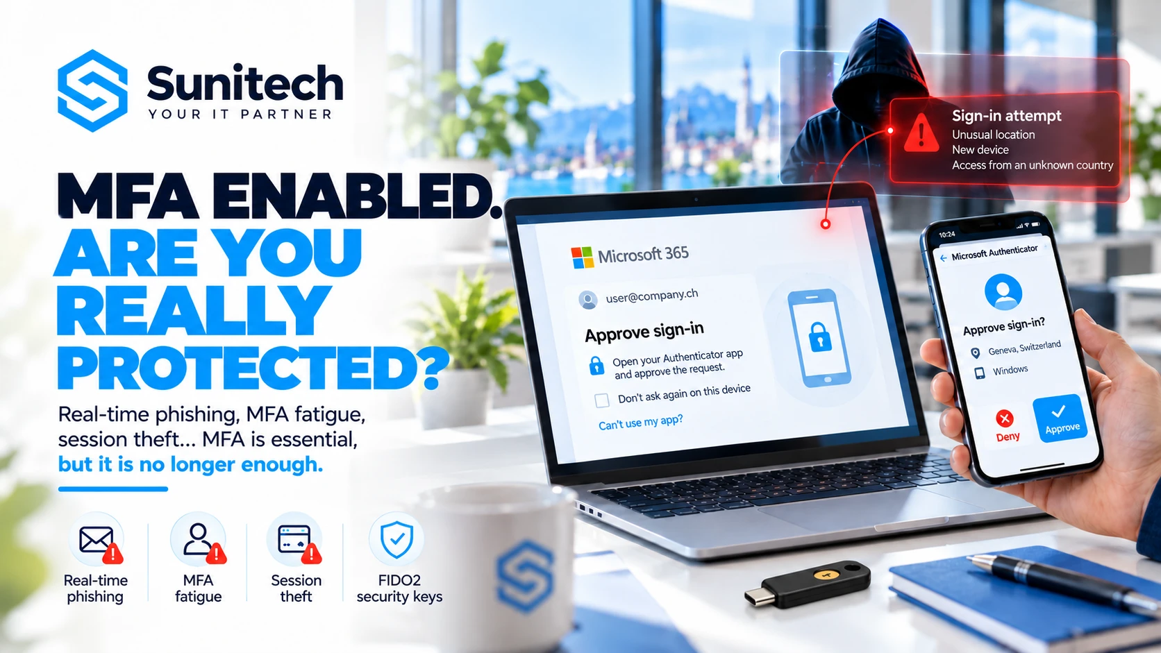 MFA enabled: are you really protected? Illustration of Microsoft 365 sign-in, Authenticator, session theft and a FIDO2 security key.