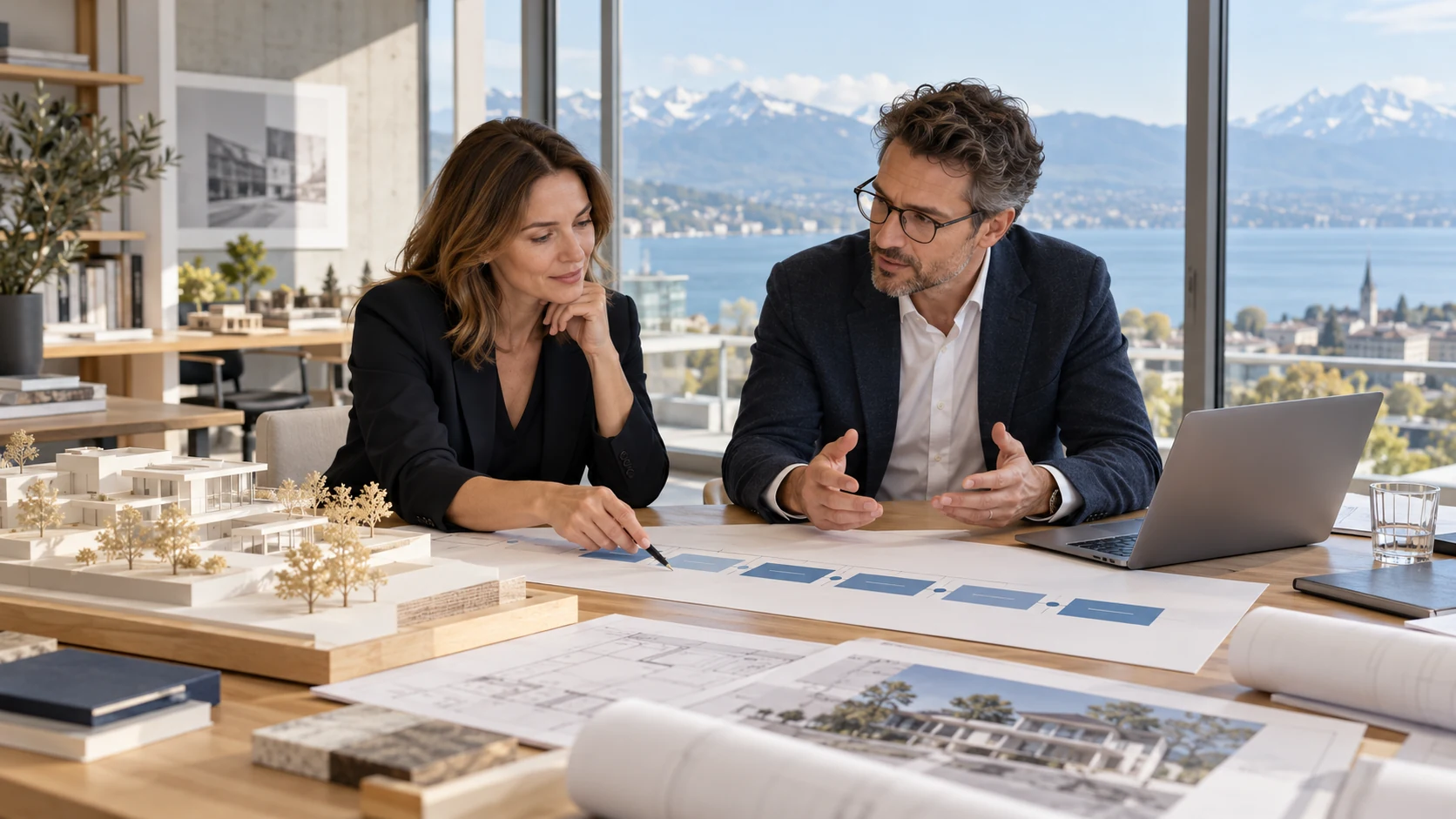 Editorial illustration of an architecture practice director and an IT consultant reviewing a phased modernisation roadmap.
