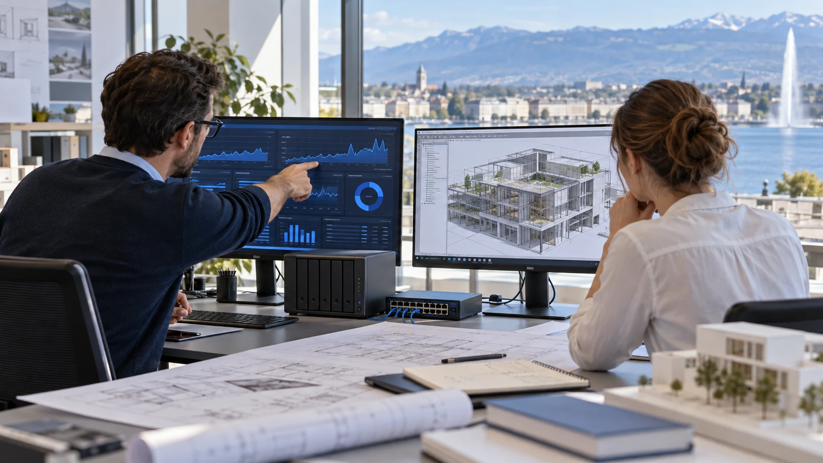 Editorial illustration of an IT specialist and a BIM coordinator comparing storage monitoring with a building model.