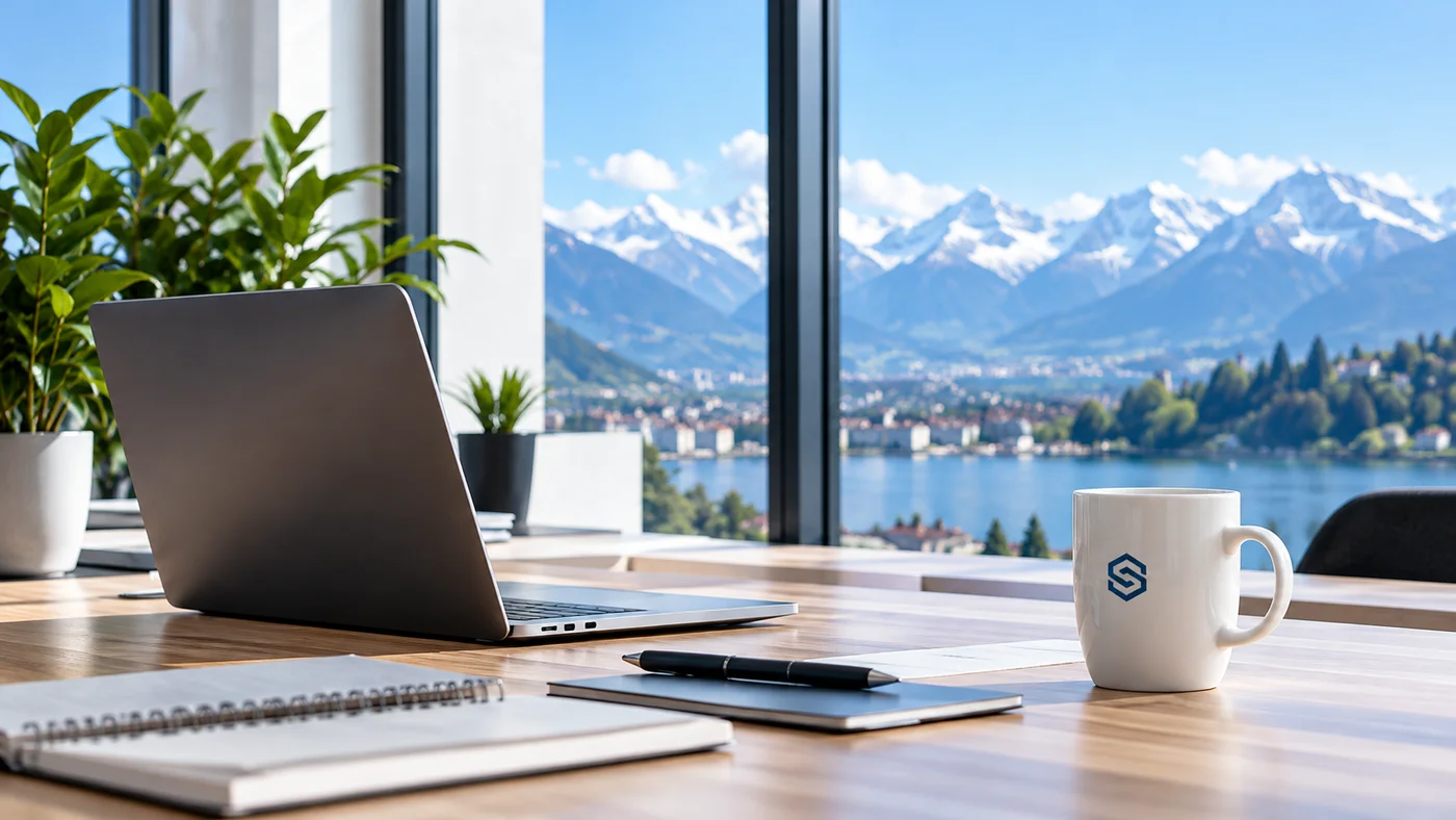 A computer and a Sunitech cup in an office overlooking Lake Geneva.