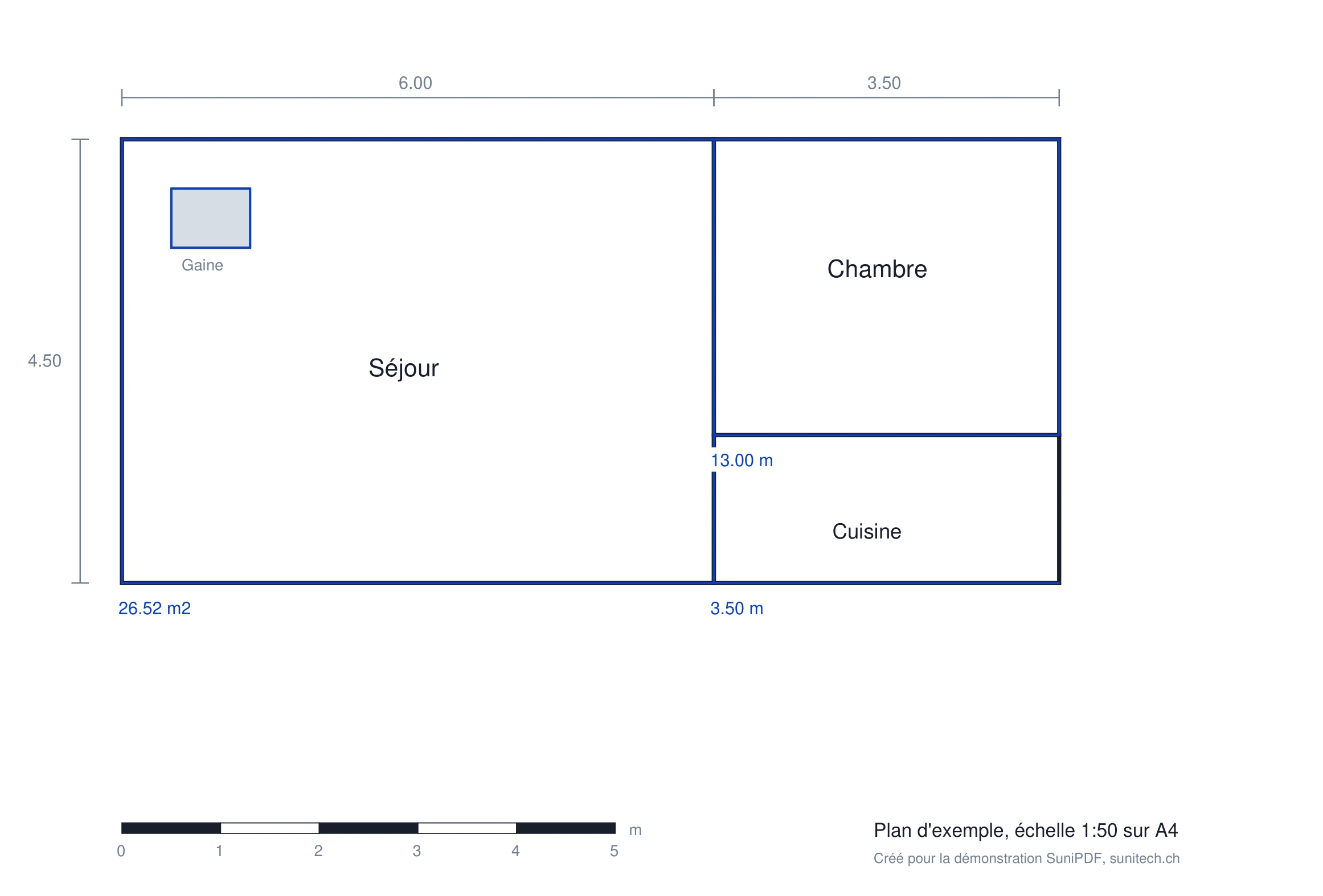 Plan d’exemple au 1:50 mesuré avec SuniPDF 0.91.2 : surface du séjour de 26,52 m², périmètre de la chambre de 13,00 m et mur de la cuisine de 3,50 m.