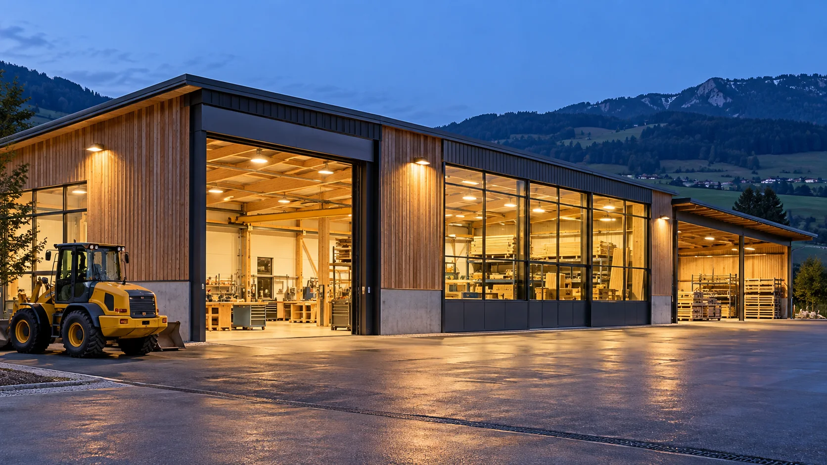 Illustration of an industrial workshop at dusk.