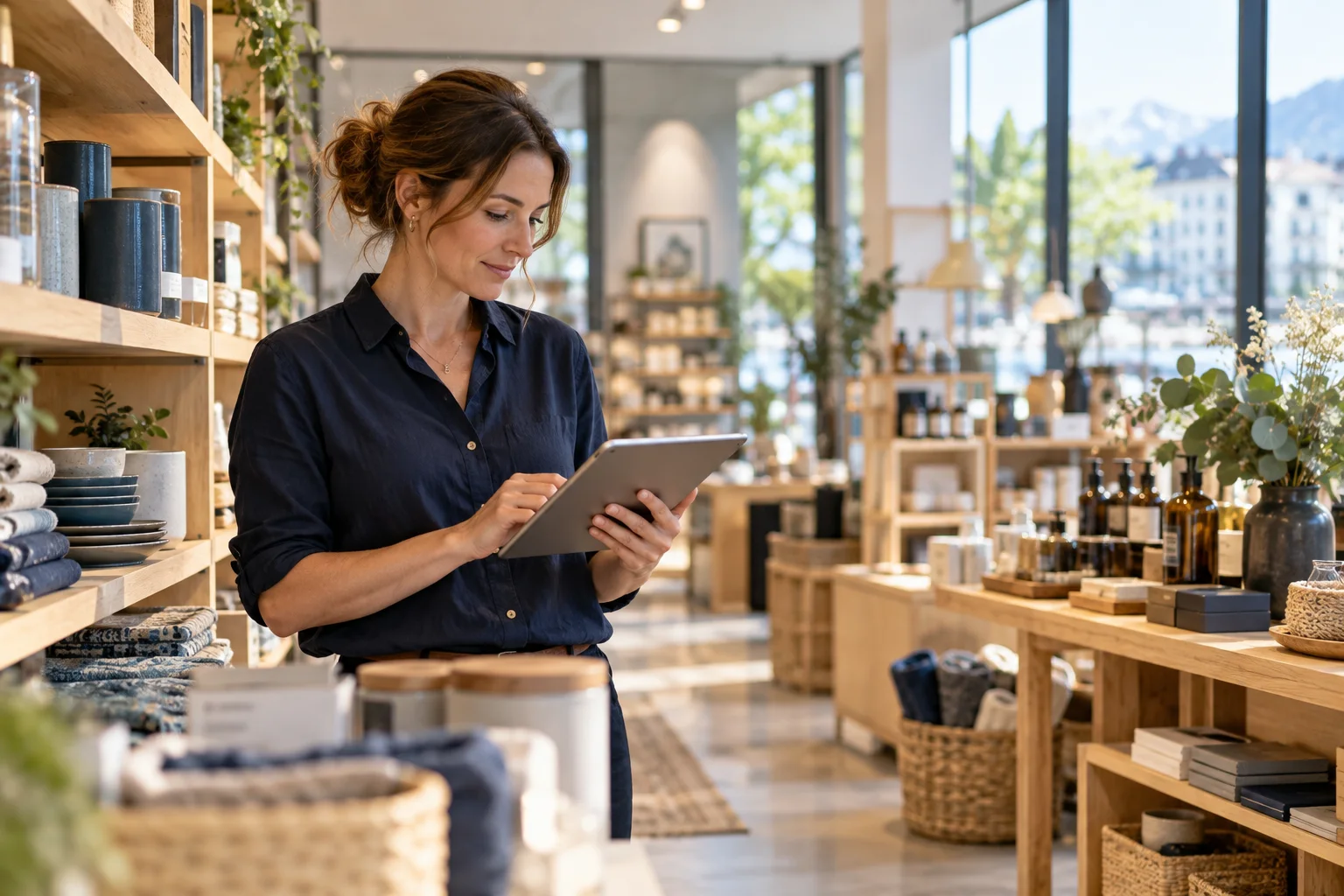 A shop manager uses a tablet.