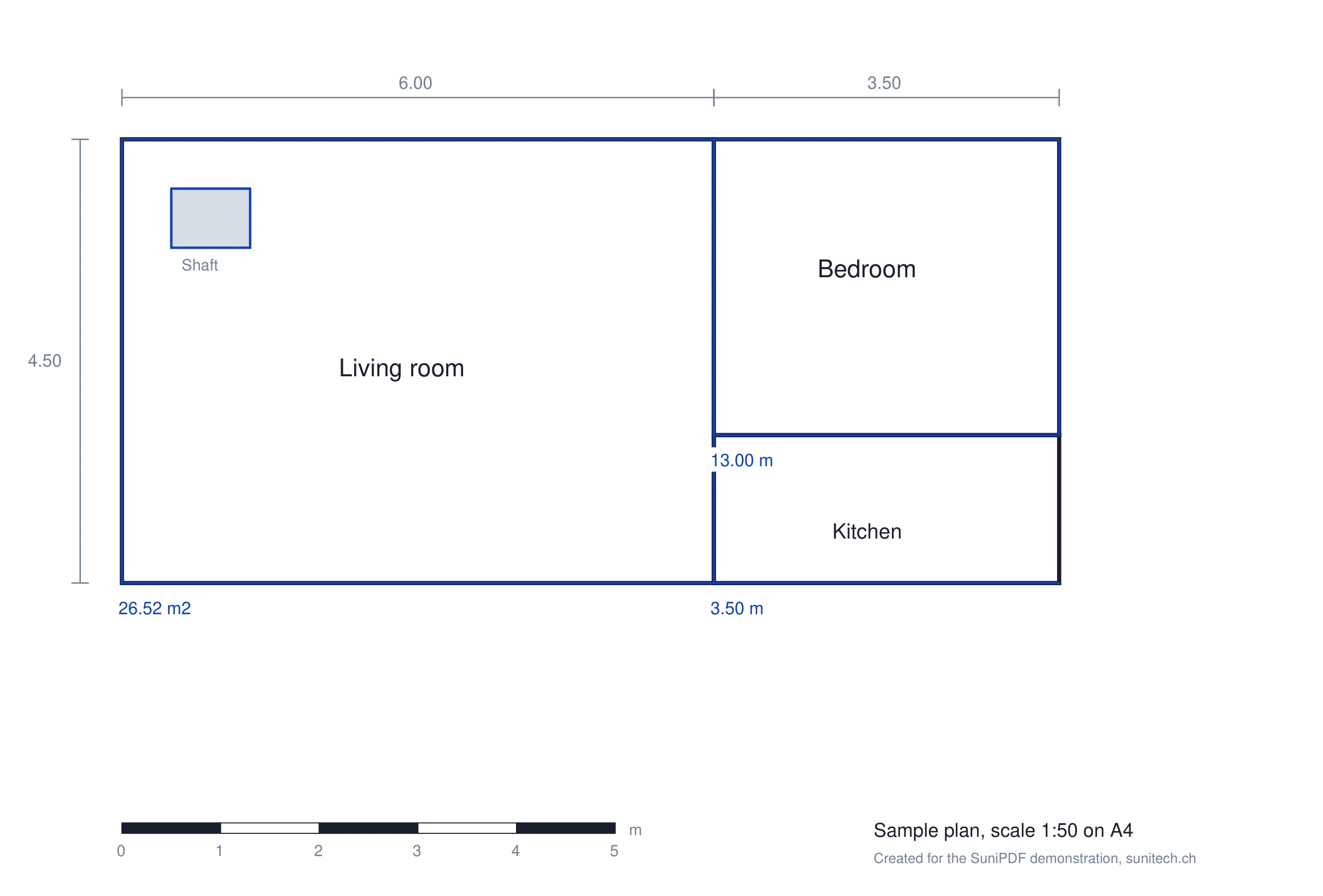 Sample 1:50 plan measured with SuniPDF 0.91.2: living room area of 26.52 m², bedroom perimeter of 13.00 m and kitchen wall of 3.50 m.