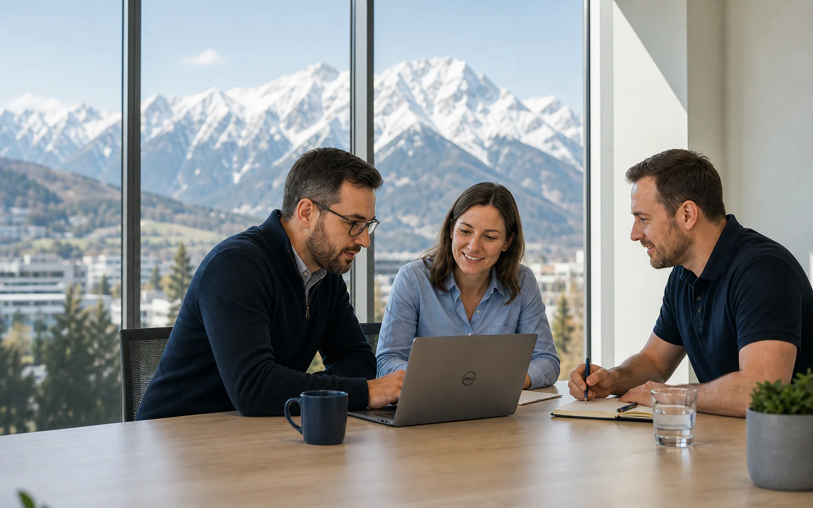 Deux spécialistes Sunitech travaillent avec une responsable de PME devant les Alpes.