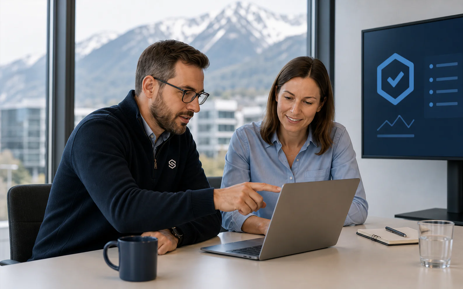 Un spécialiste Sunitech examine la sécurité informatique avec une responsable de PME.